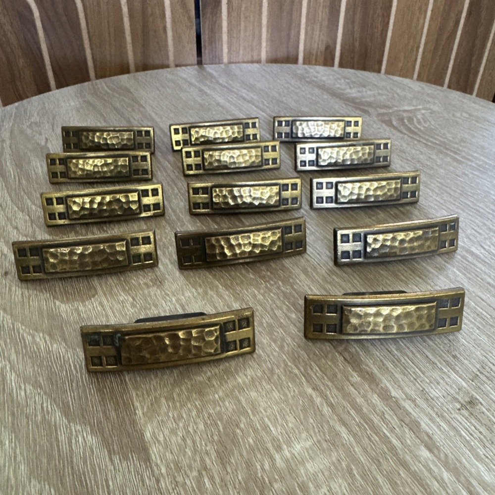 14 VIntage Craftsman Hammered Brass Bar Cabinet Door Drawer Pull Knobs